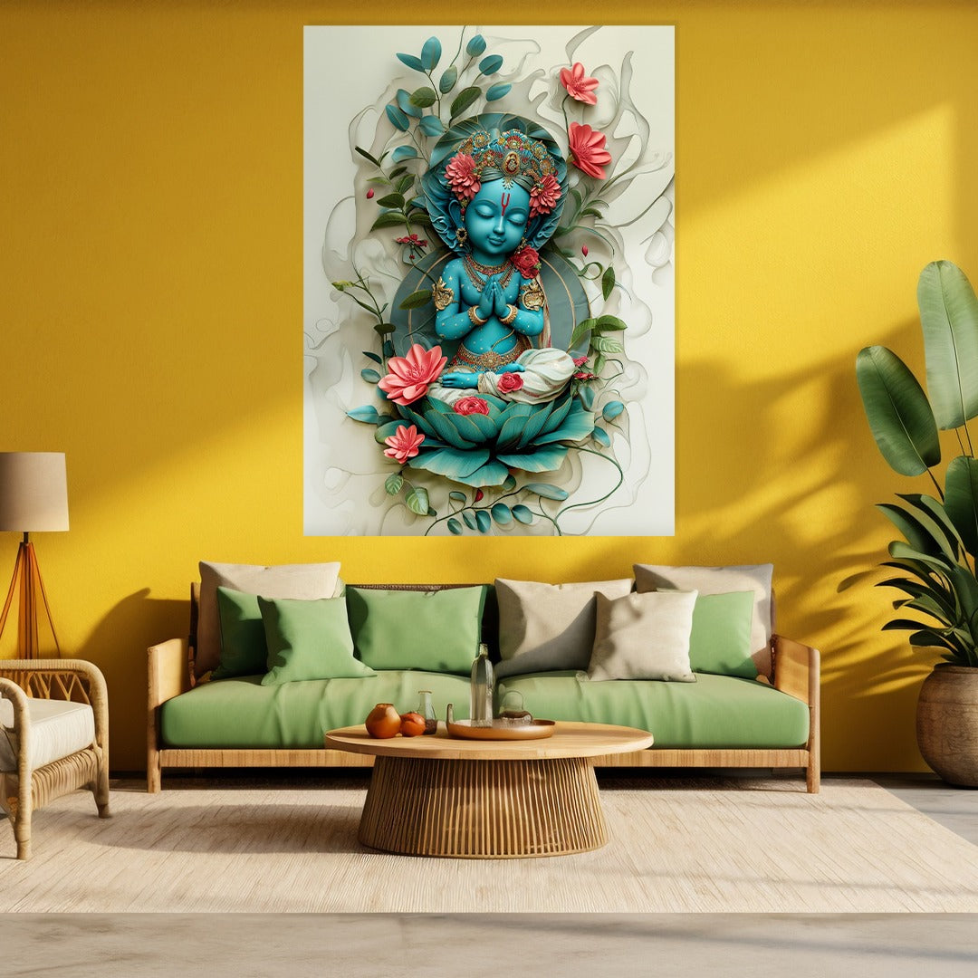 Krishna in Lotus Garden Wall Art – Peaceful Devotional Poster